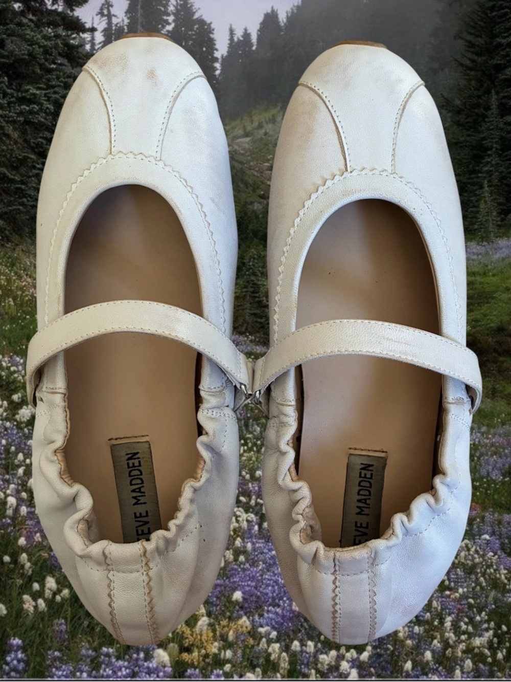 Steve Madden Leather Distressed Anaya Girls Mary Jane Flats | Distressed White